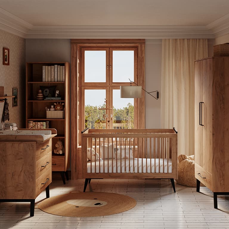 Chambre complète lit évolutif 70x140 commode à langer et armoire 2 portes Pinio Retro Bois