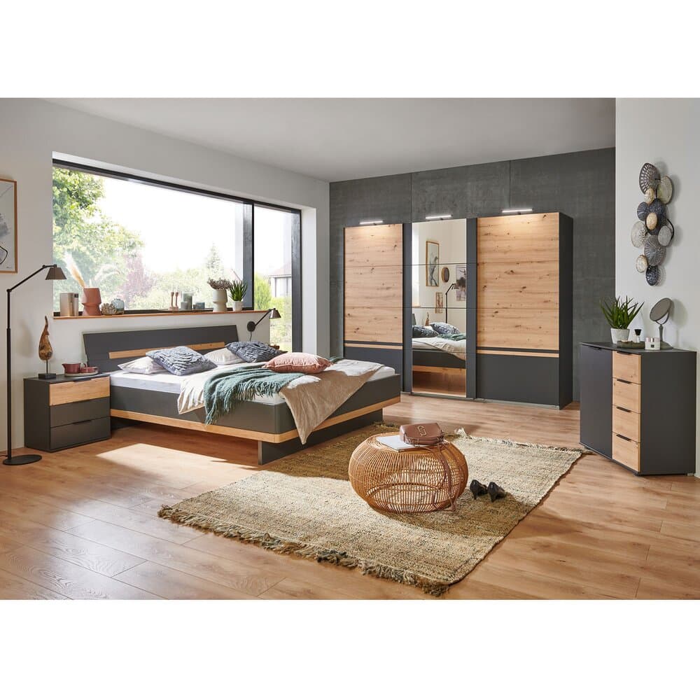 Ensemble lit, chevets 3 tiroirs, armoire, commode gris foncé - KANSAS