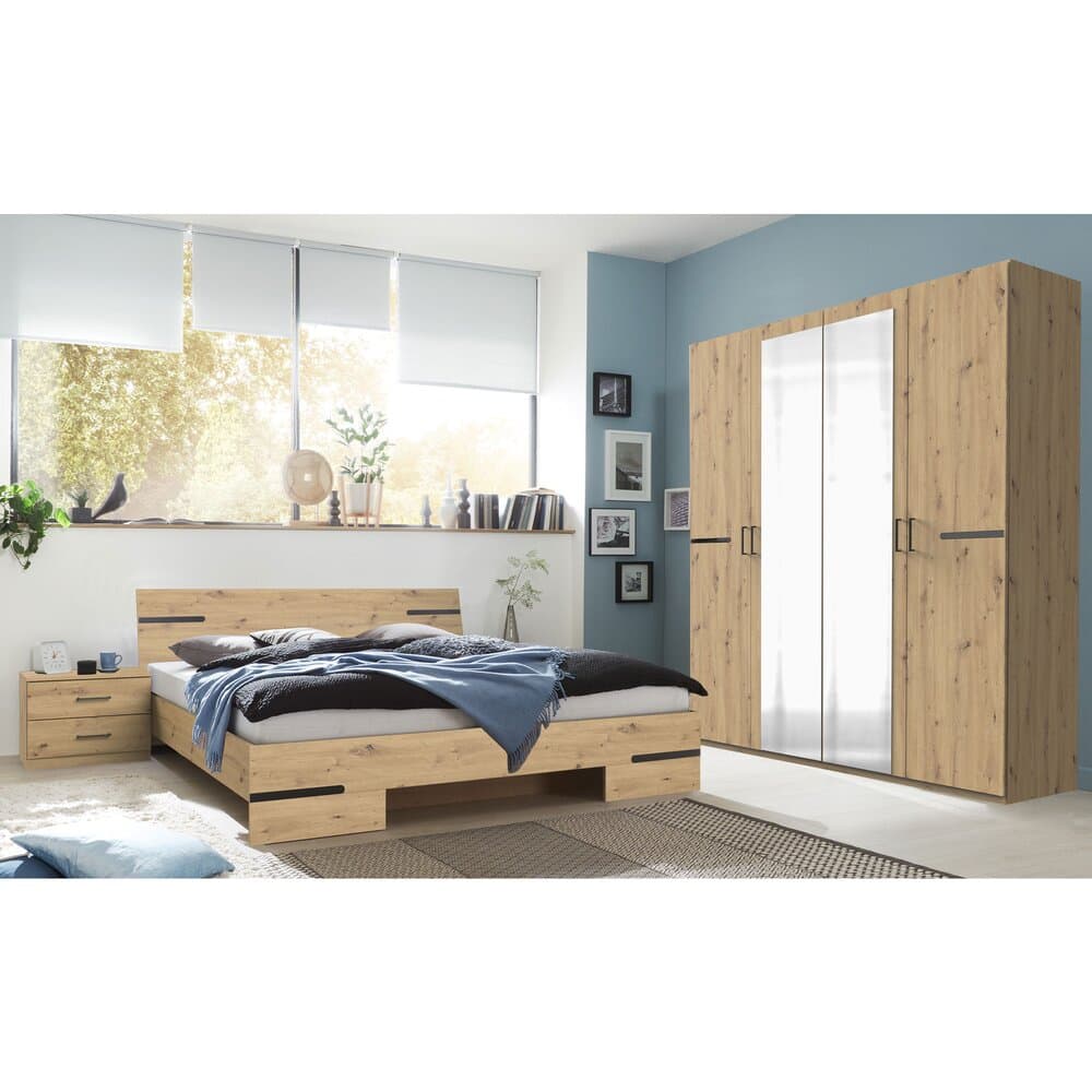 Ensemble lit 140 cm, chevets et armoire 4 portes chĂŞne clair - KARIN2