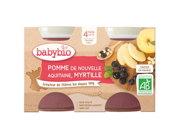 BABYBIO Mes Fruits - 2 x 130 g Pomme d'Aquitaine et Myrtille - 4 mois