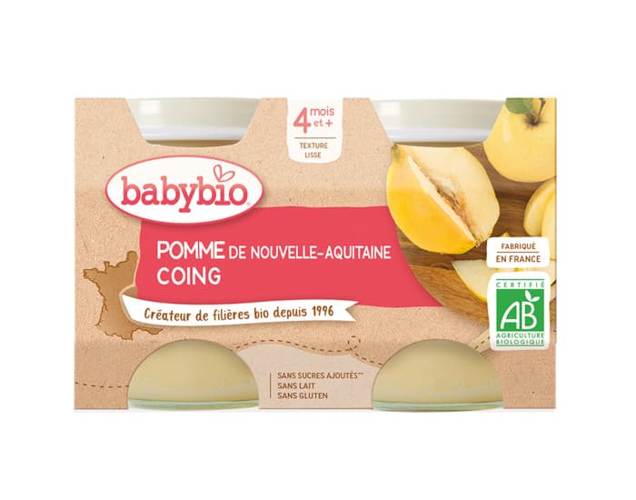 BABYBIO Mes Fruits - 2 x 130 g Pomme d'Aquitaine et Coing - 4 mois