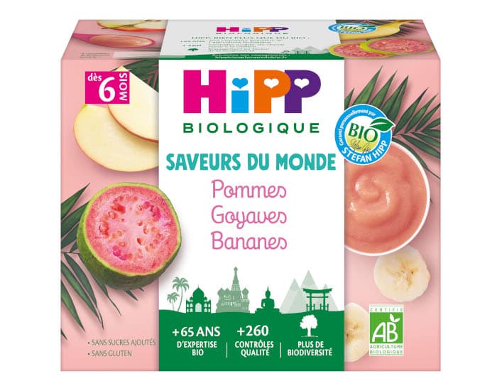 HIPP Coupelles Fruits Saveur du Monde - 4 x 100 g - Dès 6 mois Pommes Goyaves Bananes