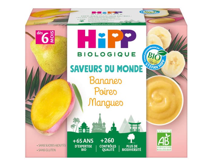 HIPP Coupelles Fruits Saveur du Monde - 4 x 100 g - Dès 6 mois Bananes Poires Mangues