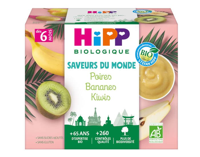 HIPP Coupelles Fruits Saveur du Monde - 4 x 100 g - Dès 6 mois Poires Bananes Kiwis