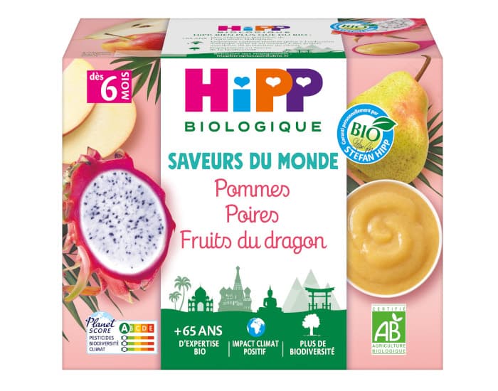 HIPP Coupelles Fruits Saveur du Monde - 4 x 100 g - Dès 6 mois Pommes Poires Fruits du Dragon