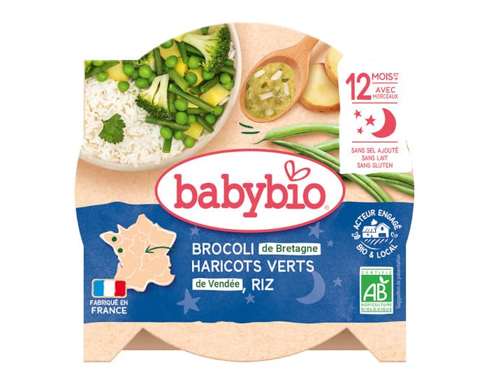 BABYBIO Assiette Bonne Nuit - 260 g Brocoli, Haricots Verts et Riz - 12 M