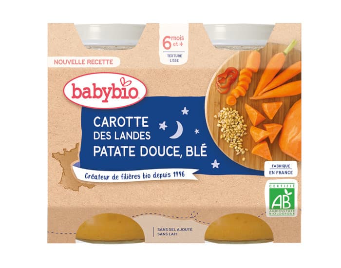 BABYBIO Petits Pots Bonne Nuit - 2x200g - Dès 6 mois Carotte des Landes, Patate Douce et Blé - 6 M