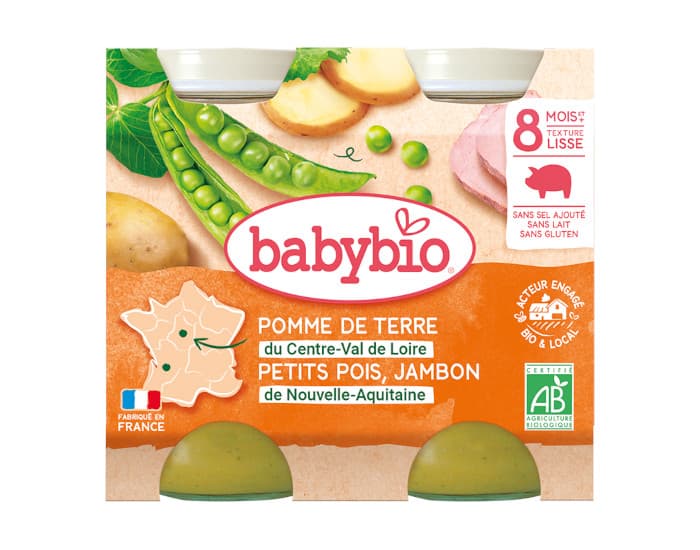 BABYBIO Petits Pots Menu du Jour - 2x200g - Dès 8 mois PDT, Petits Pois et Jambon - 8 mois