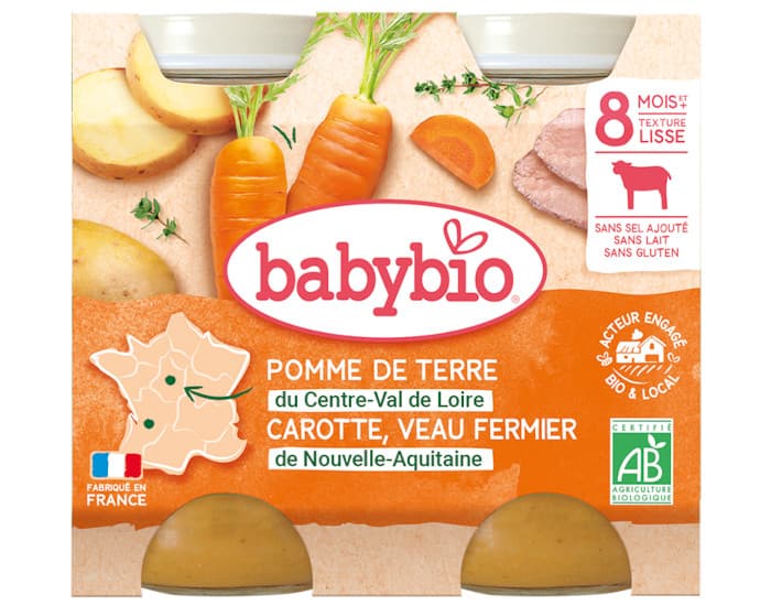 BABYBIO Petits Pots Menu du Jour - 2x200g - Dès 8 mois PDT, Carotte et Veau Fermier d'Aquitaine et du Limousin - 8 mois