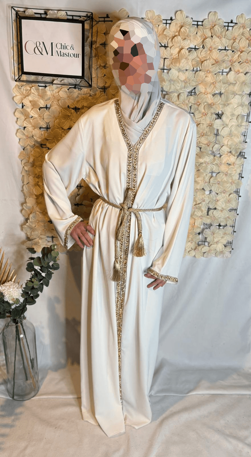 Abaya Aid à Strass Blanc L/XL