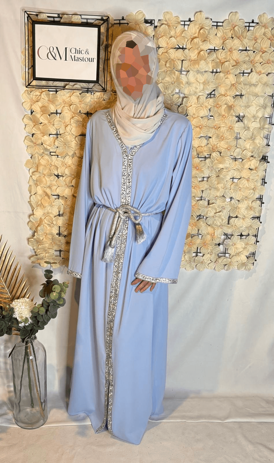 Abaya Aid à Strass Bleu Ciel S/M