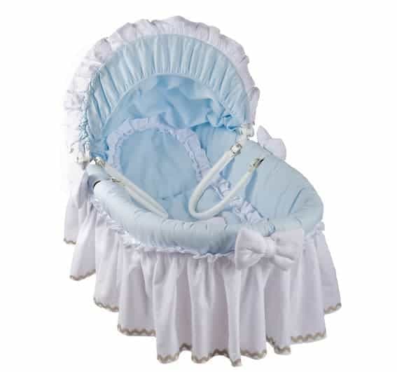 Couffin bébé Osier Tissu Blanc/Bleu Thomas Couffin Complet + Support