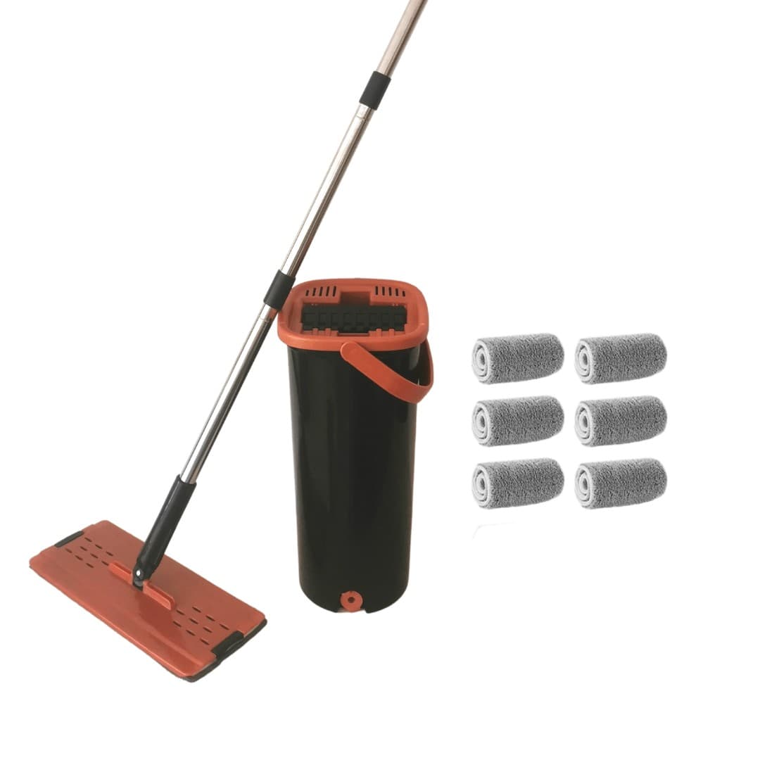 Kit basique complet Balai serpillĂšre avec son seau essoreur + Pack de 6 microfibres - TĂȘte plate et rotative Ă 360° - Nouveau balai rĂ©volutionnaire No