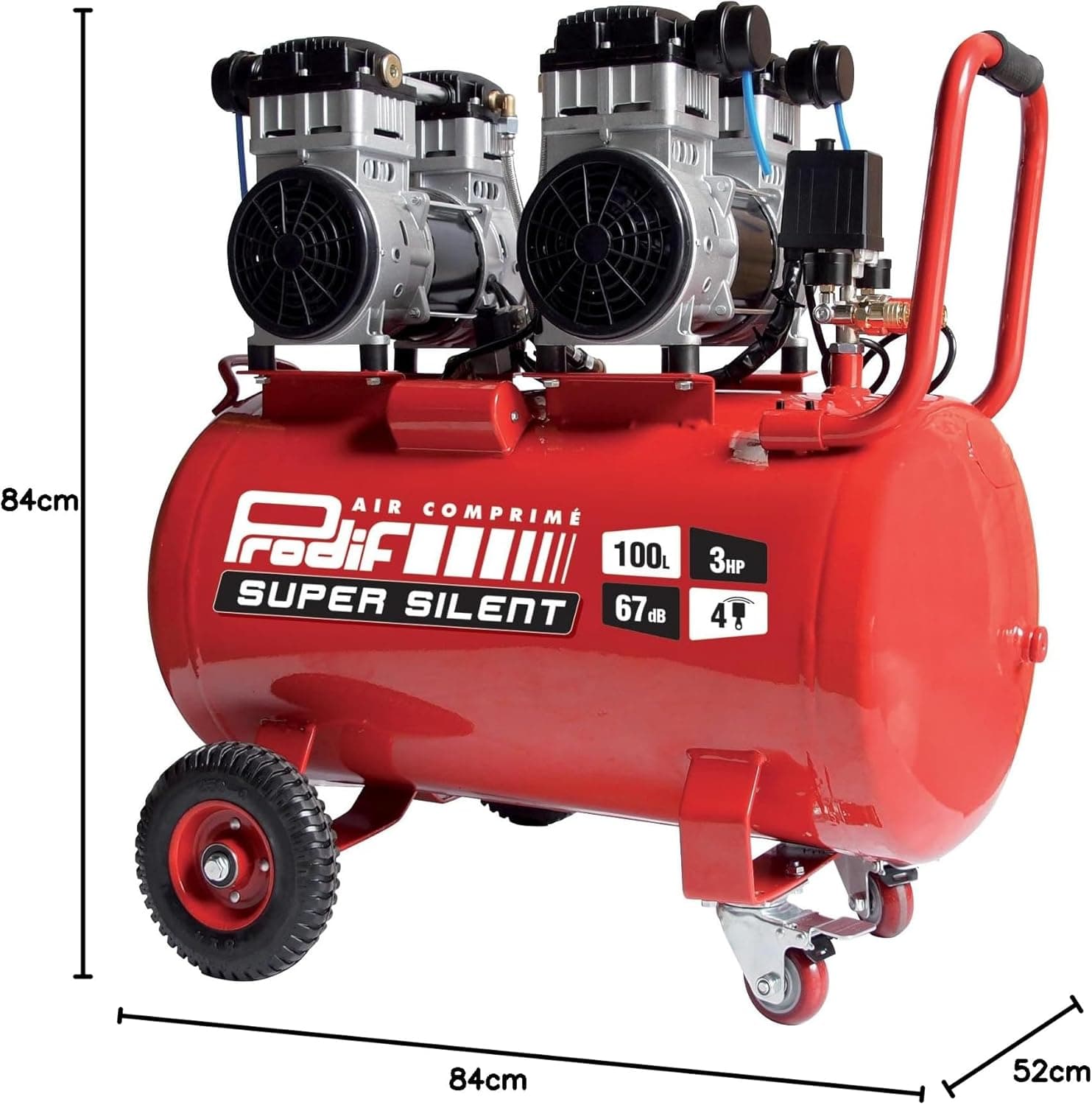 Le compresseur d’atelier silencieux est conçu pour alimenter des outils pneumatiques à l’atelier, au garage ou sur chantier. Il fonctionne en 230 V avec une cuve de 100 L, une puissance de 3 CV et une pression maximale de 8 bars. Le débit d’air aspiré atteint 370 L/min et l’air restitué 260 L/min. La conception à 4 cylindres fonctionne sans huile et sans entretien, avec une vitesse de rotation de 1400 tr/min. Deux sorties d’air sont prévues, dont une régulée et une en pression directe de cuve. Les roues increvables, la double roulette avec frein et les deux poignées accompagnent les déplacements.