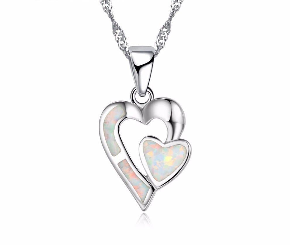 Pendentif double coeur opale argent