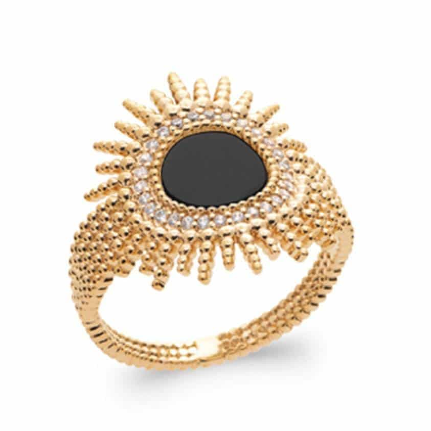 Bague soleil agate noire et zircons blancs plaqué or - 52
