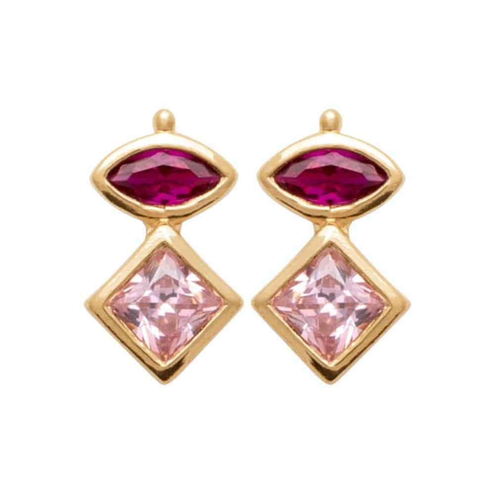 Boucles d'oreilles quartz rose et topaze flamant rose synthétiques plaqué or