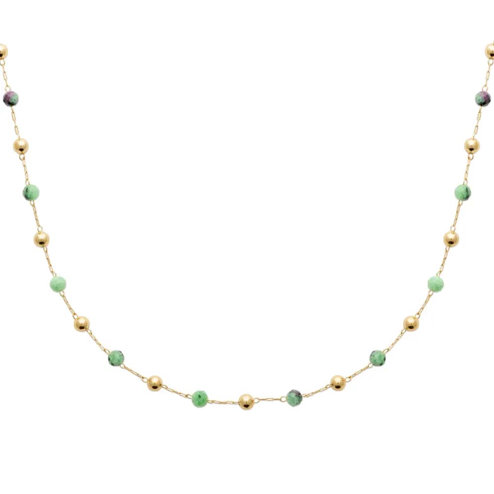 Collier perles plaqué or et rubis zoïsite