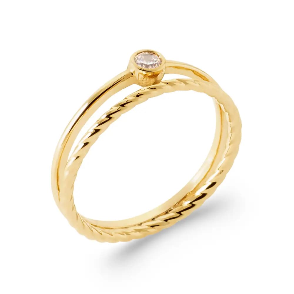 Bague 2 anneaux solitaire plaqué or - 58