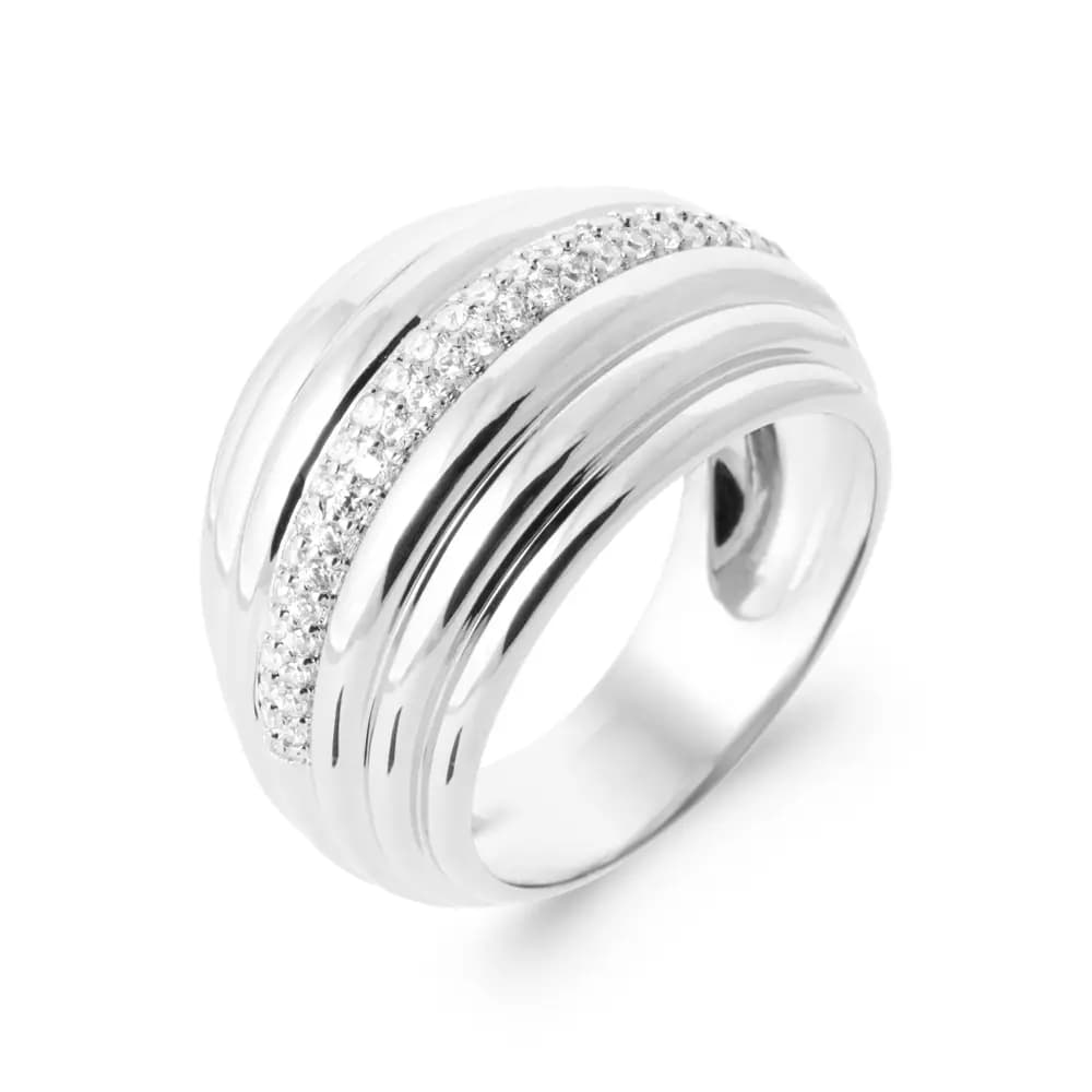 Bague large bombée argent rhodié bande diamants synthétiques - 56