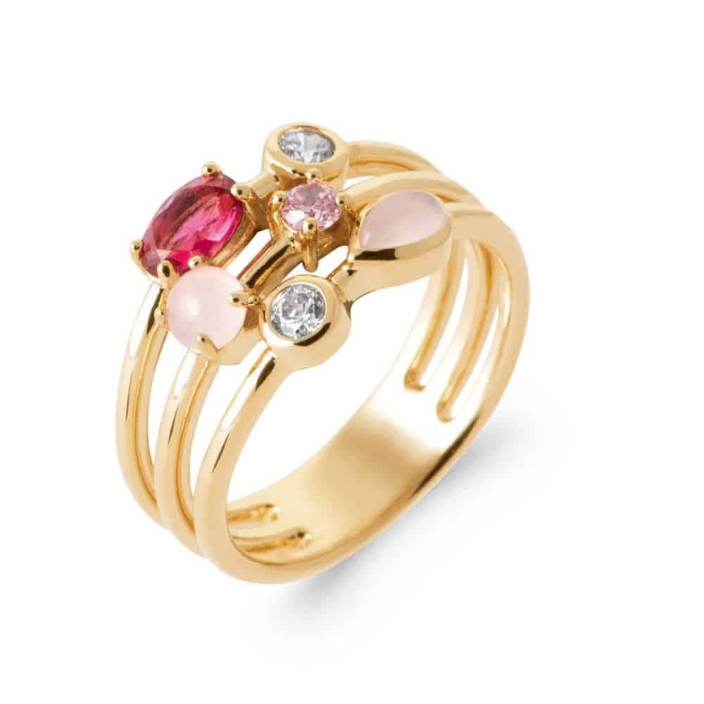 Bague trio d'anneaux plaqué or rubis quartz rose et diamants synthétiques - 60