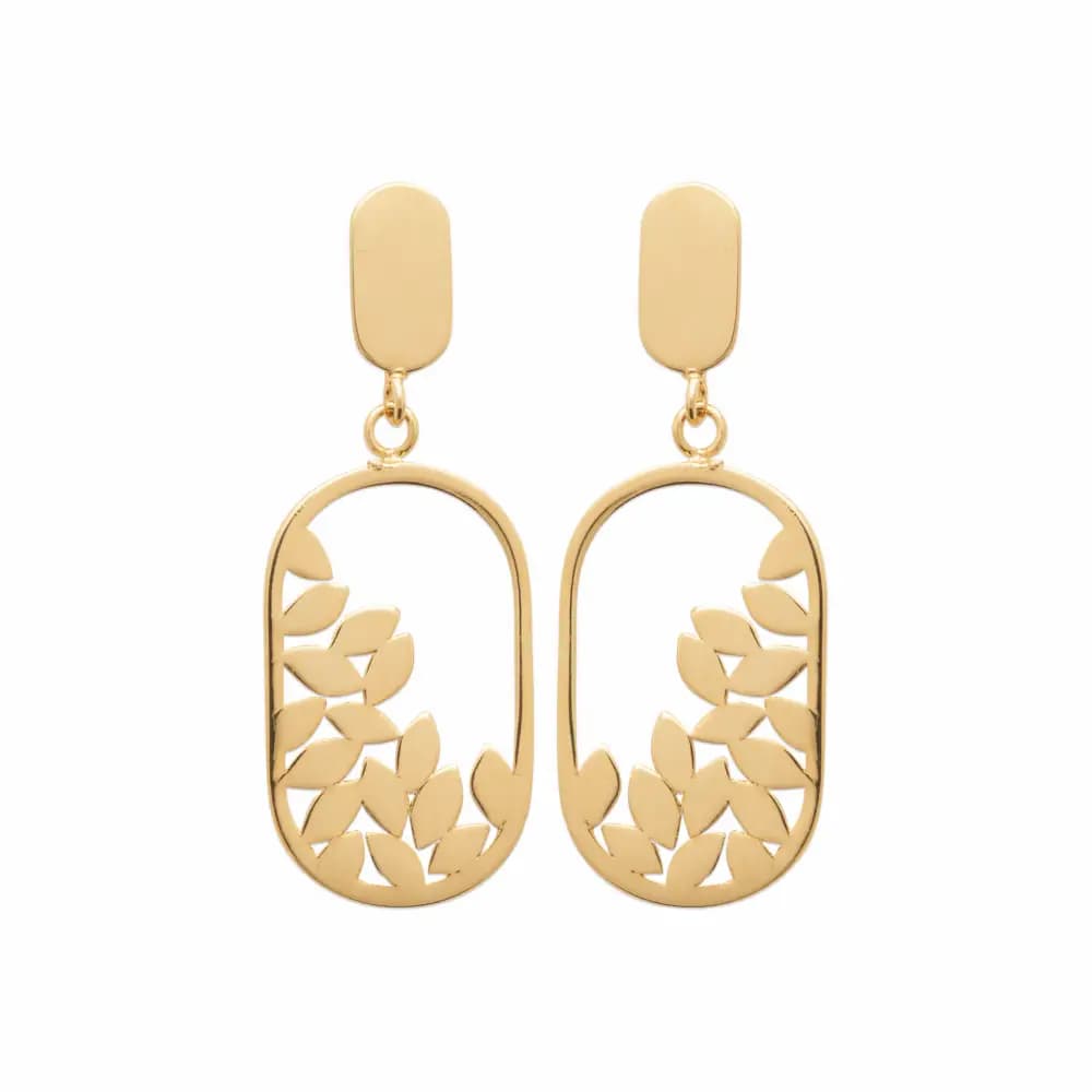 Boucles d'oreilles pendantes plaqué or ovales et feuilles