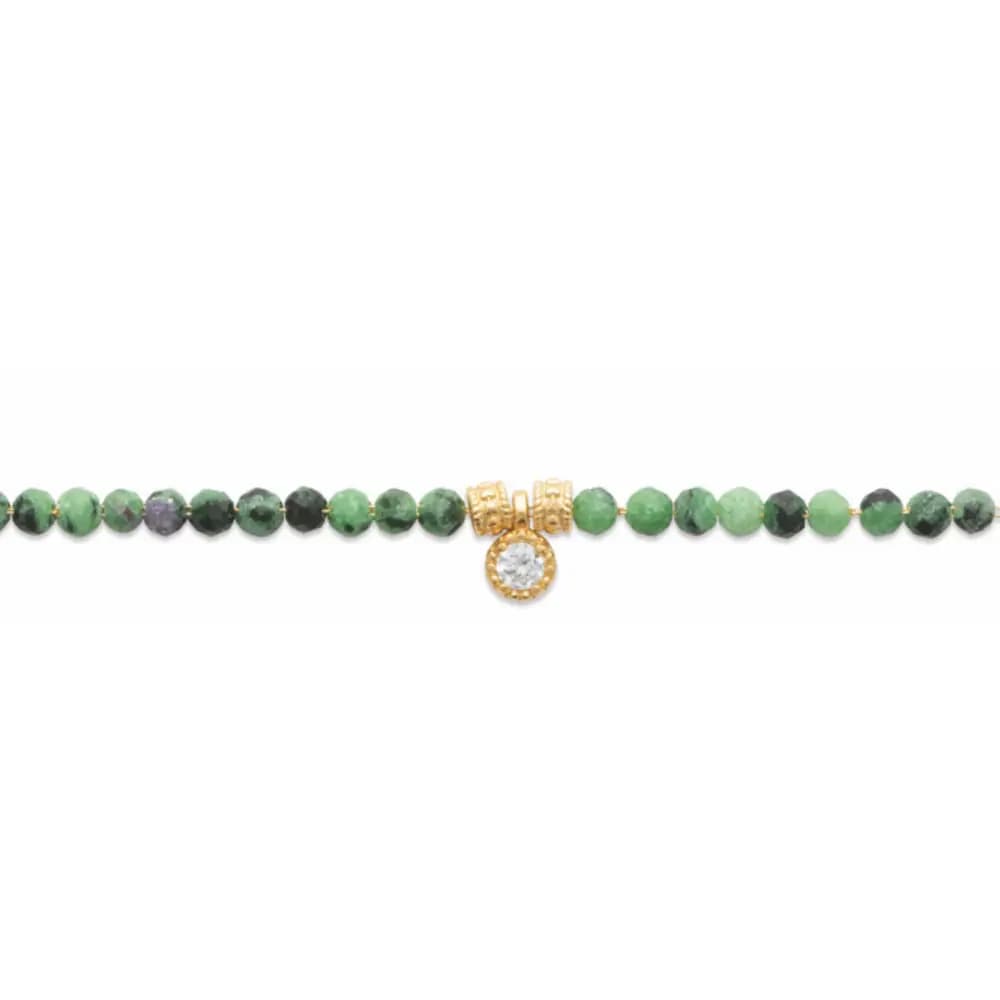 Bracelet rubis zoïsite et plaqué or breloque diamant synthétique rond
