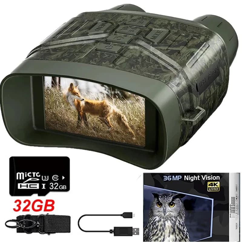 Jumelles Vision Nocturne 4K â Ăcran HD 3", Batterie 5000mAh, Enregistrement Photo/VidĂ©o - Camouflage with 32GB