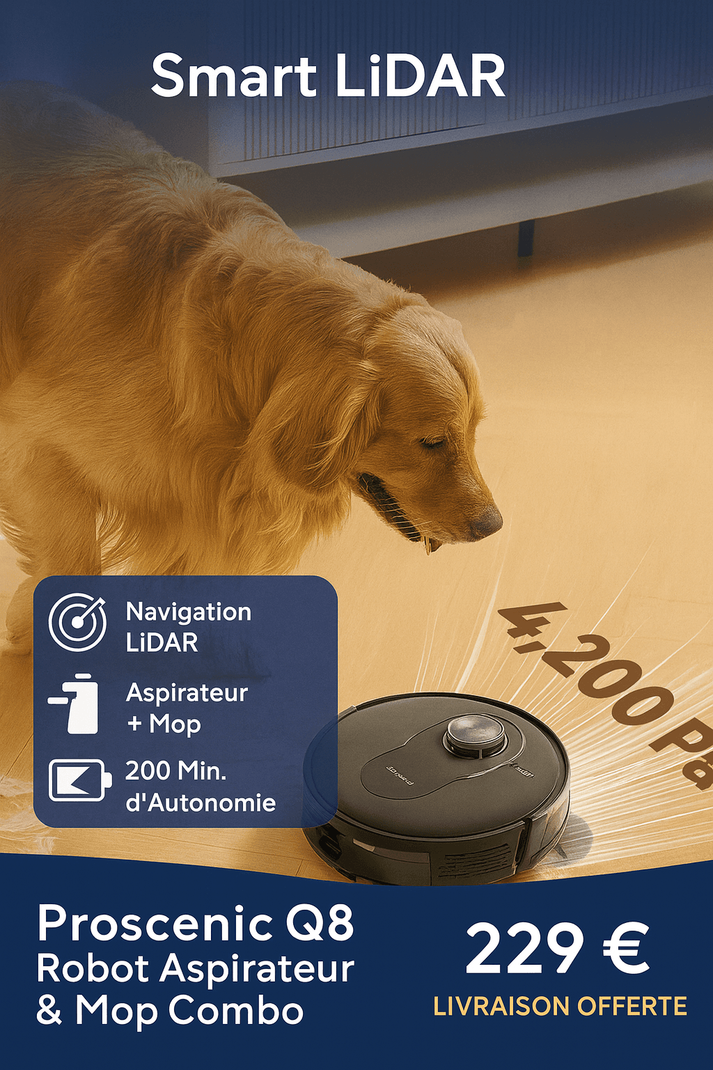 Proscenic Q8 – Robot Aspirateur Mop Combo | 4200 Pa, LiDAR, 200 min, App, Auto‑Charge | Idéal Poils d’Animaux & Tapis