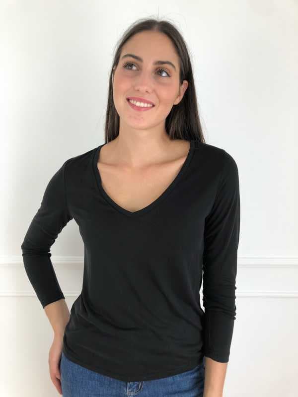 T-shirt manches longues noir col V - Giulio S