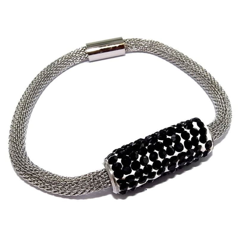 Bracelet aimanté femme, maille chenille en acier et Cristal noir - Gryda - Les Perles de Vénus
