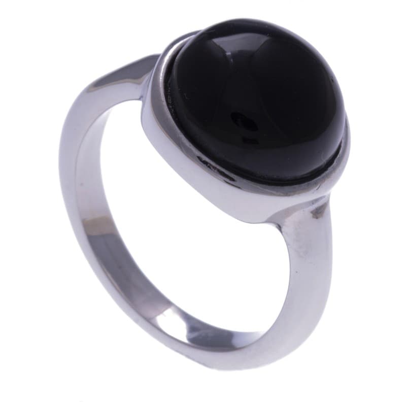 Bague femme en acier & cabochon en Onyx Noire - Bijoux Yola