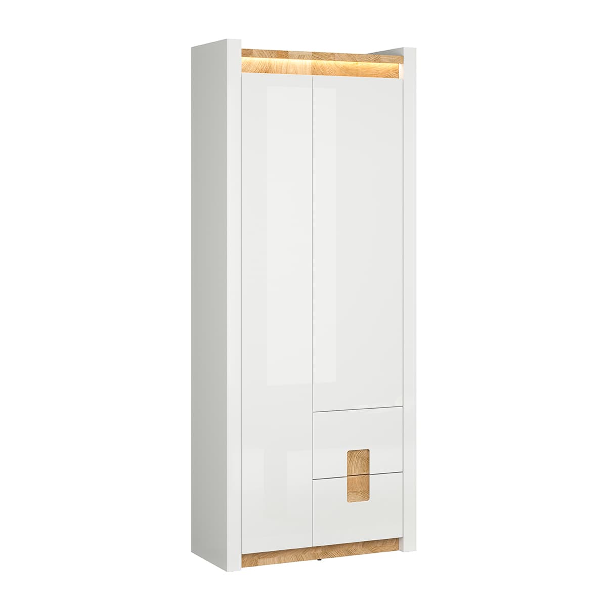 Armoire 2 portes 2 tiroirs avec LED Helios Blanc laqué et Bois