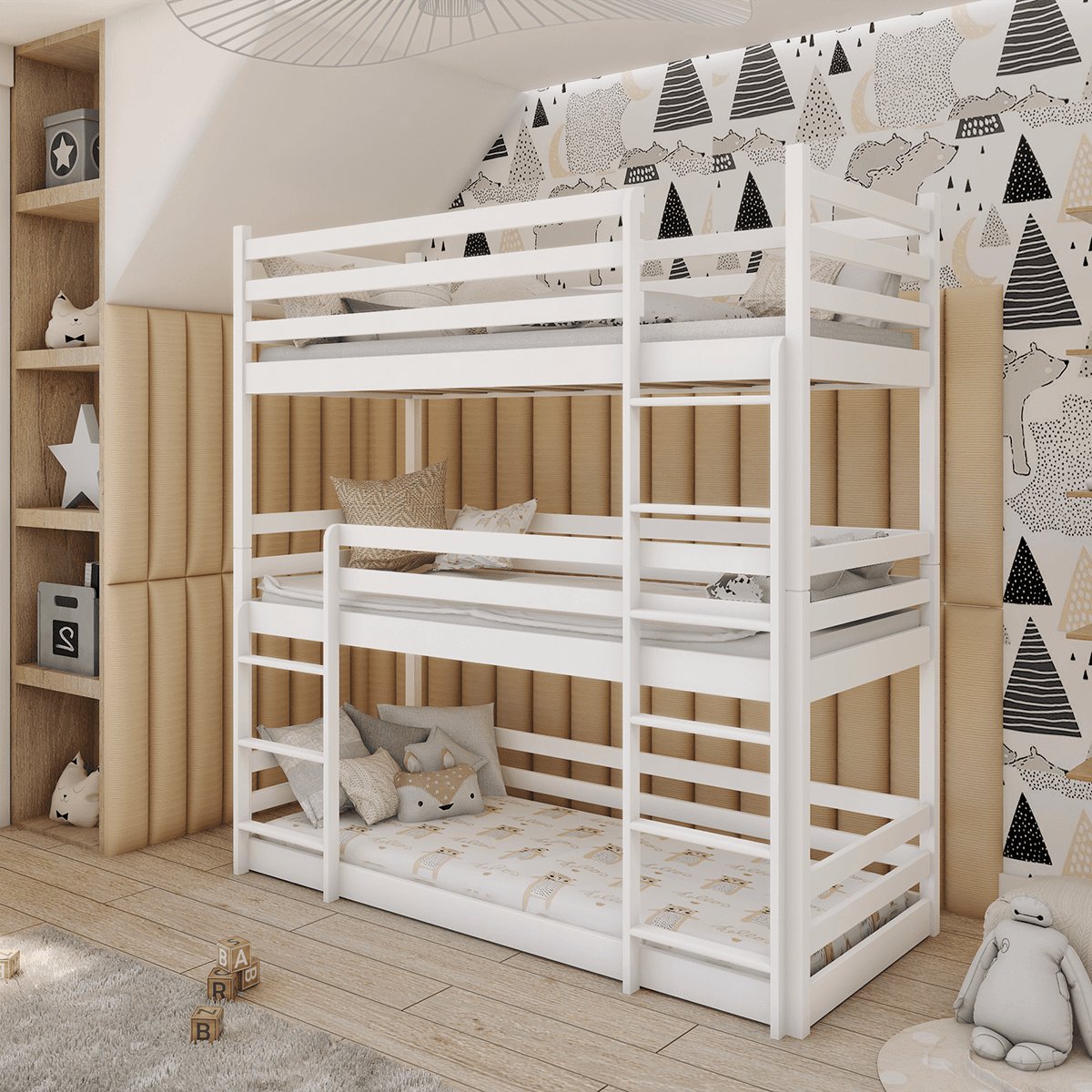 Lit superposé 3 niveaux 90x200 sommier inclus Florent Blanc