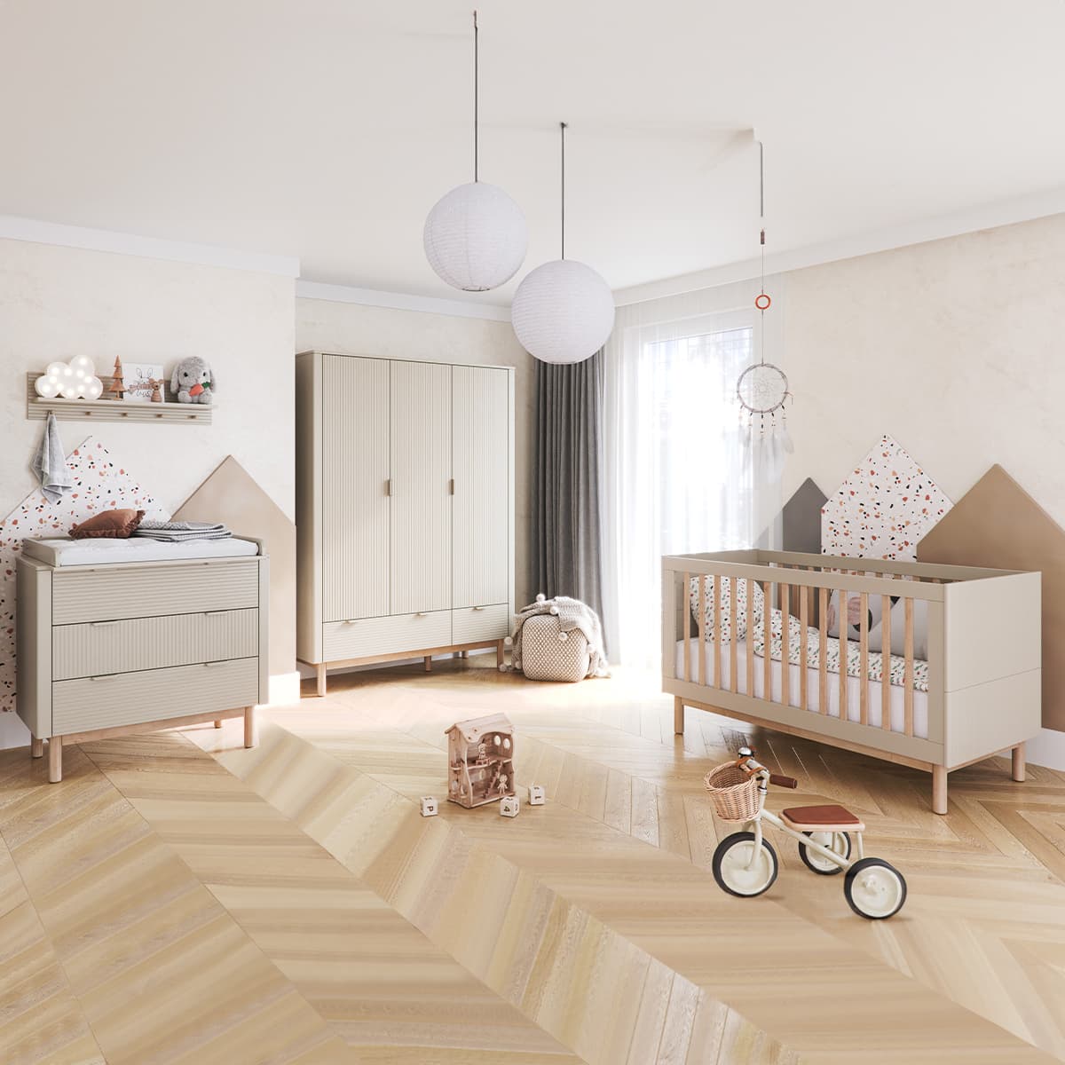 Chambre complète lit évolutif 60x120 commode à langer et armoire 3 portes Pinio Miloo Champagne