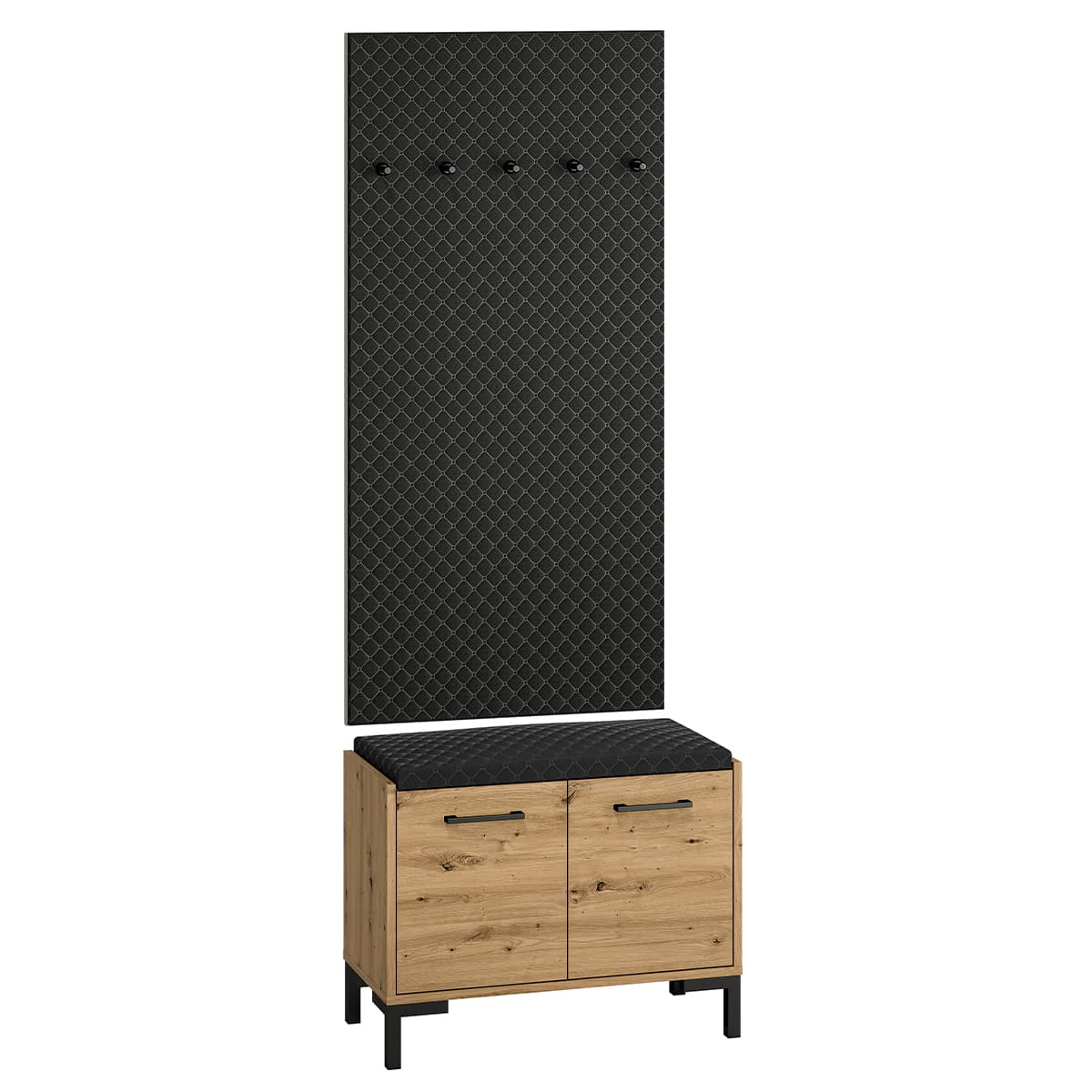 Meuble entrée porte-manteau et banc à chaussures 2 portes Liora Bois et Noir