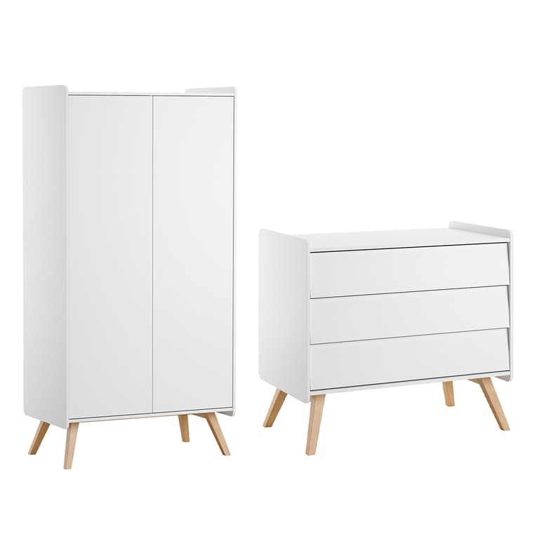 Commode 3 tiroirs et armoire 2 portes Vox Vintage Blanc et Bois