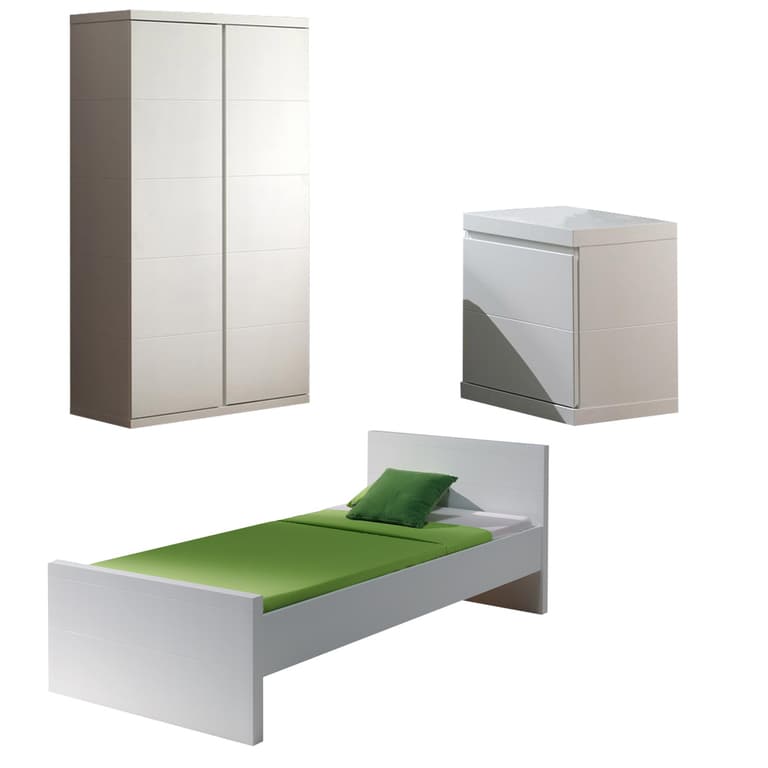 Lit 90x200 - Chevet 1 porte et Armoire 2 portes Vipack Lara - Blanc