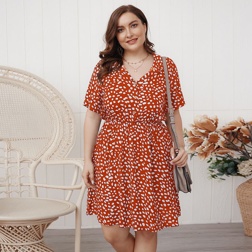 Robe courte décontractée à motif pois pour femmes rondes - 3XL - Orange