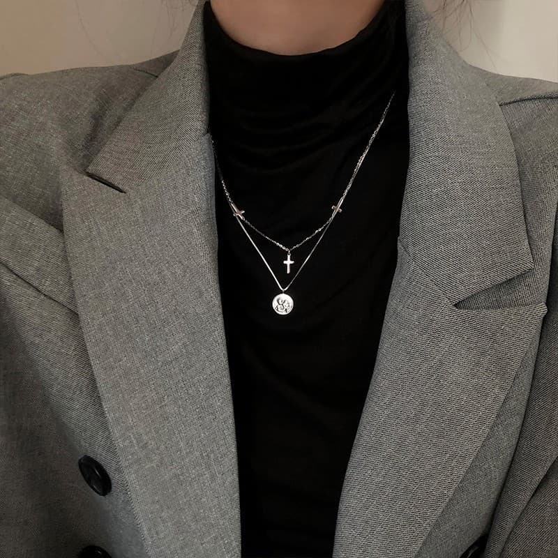 Collier double en argent S925 avec pendentif statue - Silver cross