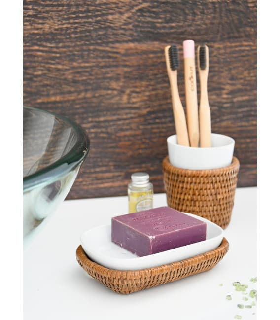 Porte savon rotin et porcelaine Alzéa