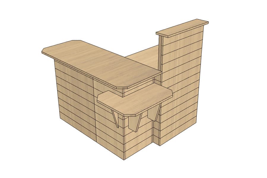 Comptoir d'Encaissement en "L" (gauche) Bois Vieilli avec PMR d'angle et Plateaux Bois