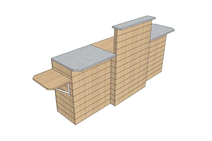 Comptoir d'Encaissement en Ligne 265 cm Bois Vieilli avec PMR Pliante et Plateaux Inox
