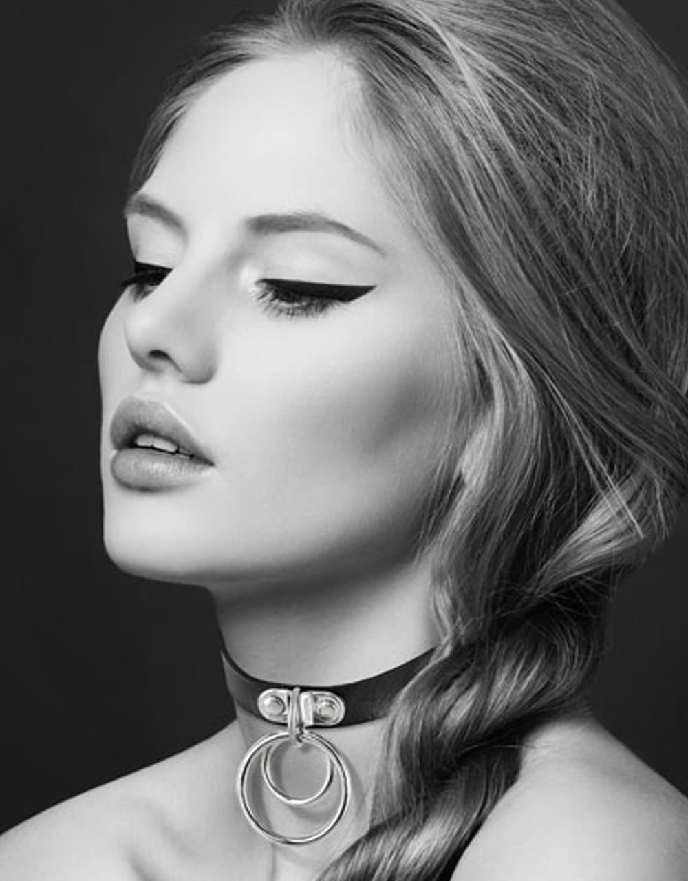 Collier en cuir noir SM avec double anneau métal argenté pour laisse