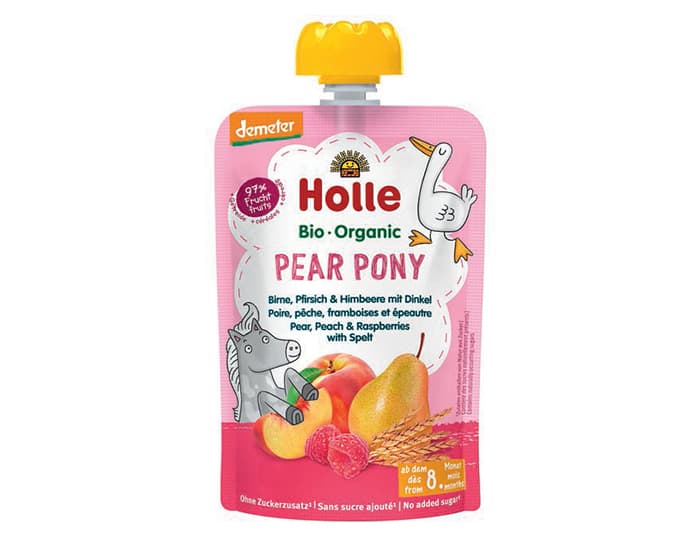 HOLLE Gourde Pear Pony Poire Pêche Framboise et Epeautre - 100 g - Dès 8 mois