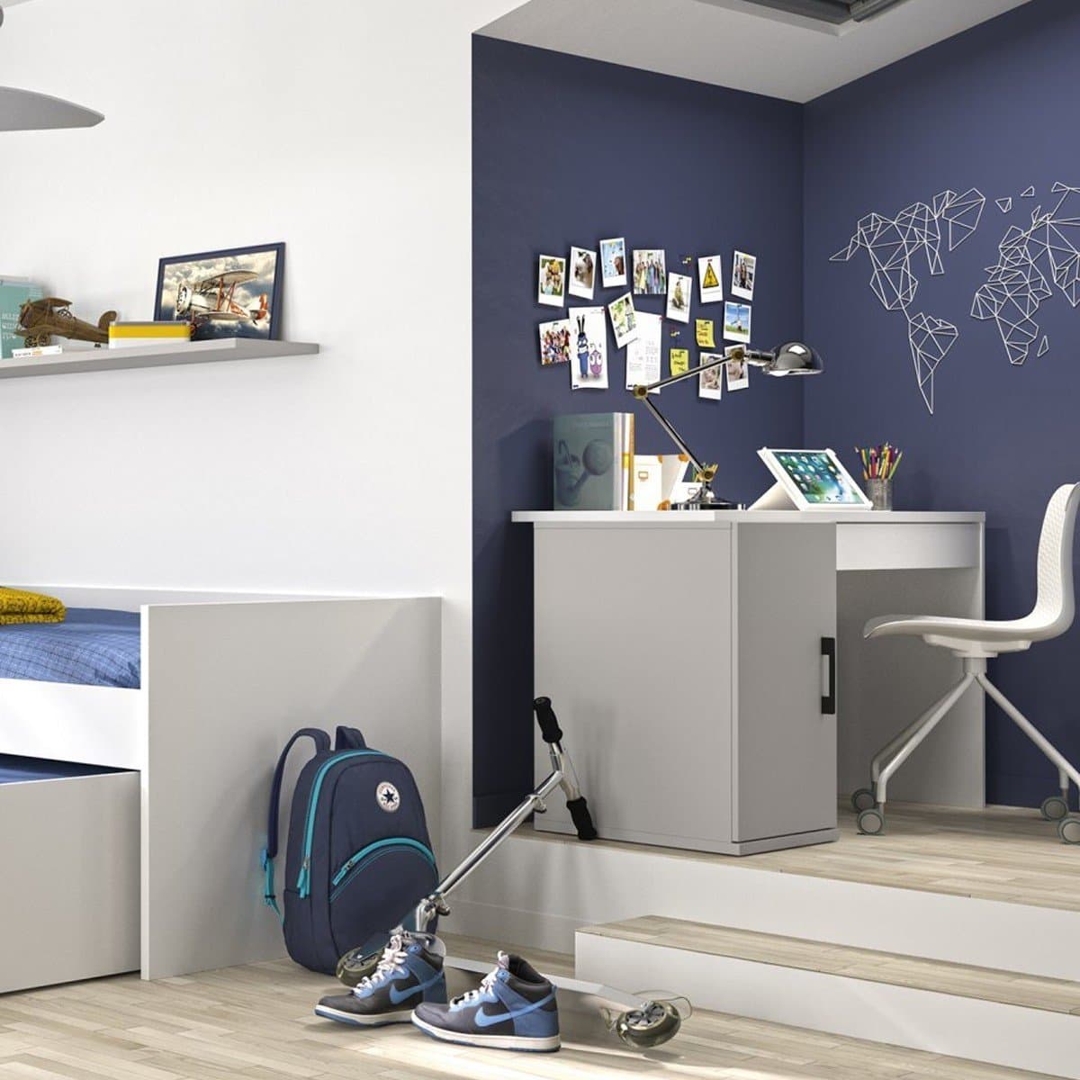 Bureau Ugo gris avec caisson de rangement et tiroir - Fabrication Française - Calicosy