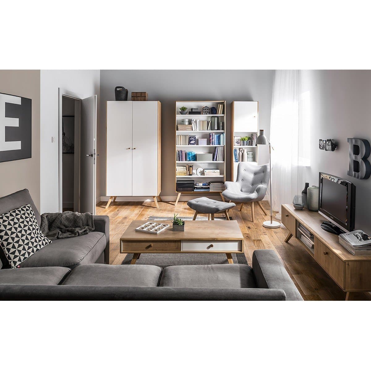 Armoire 2 portes avec penderie et 7 niches L101 cm - NATURE - Calicosy