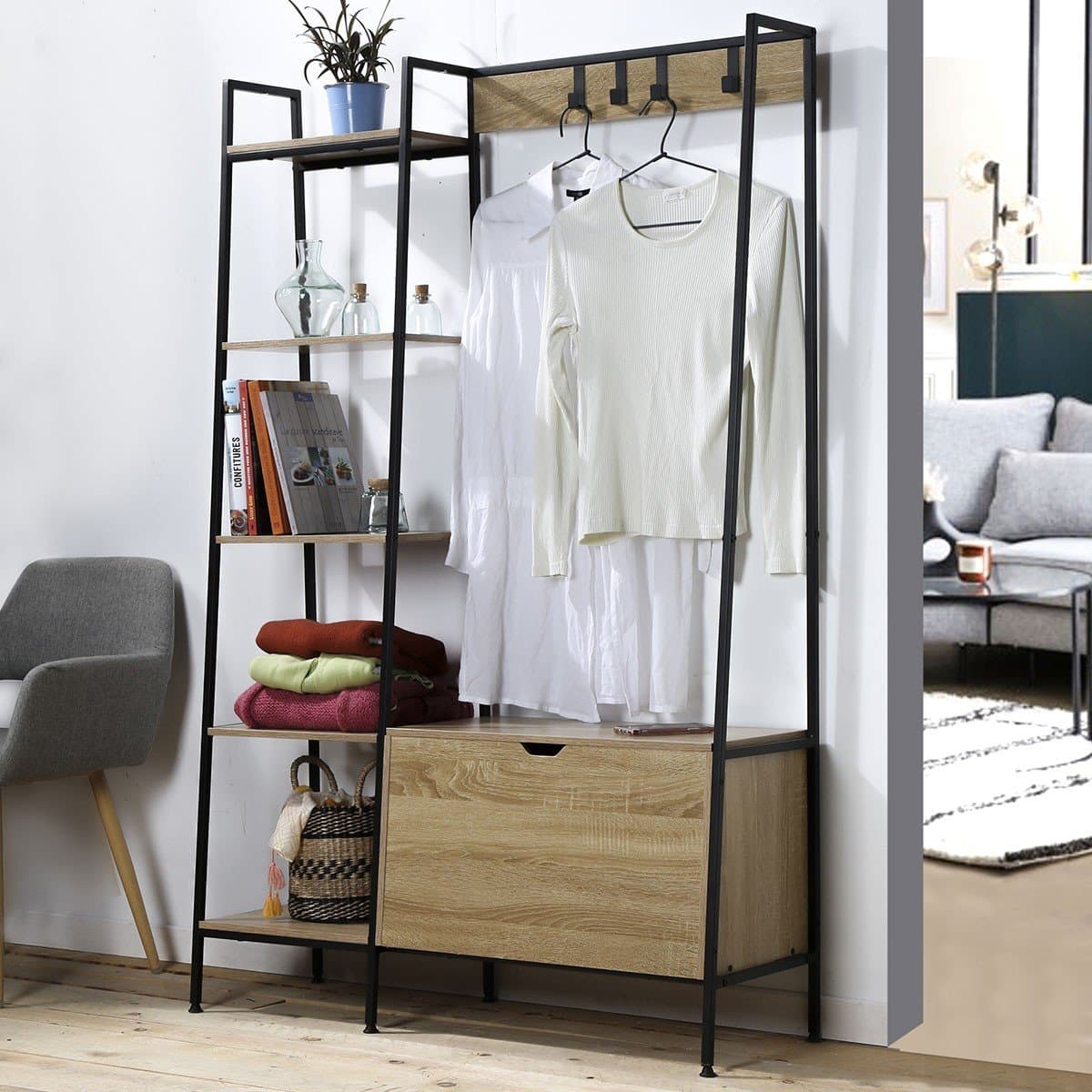 Penderie 5 ĂtagĂšres avec coffre Ă chaussures et patĂšres - LEXIE - Calicosy