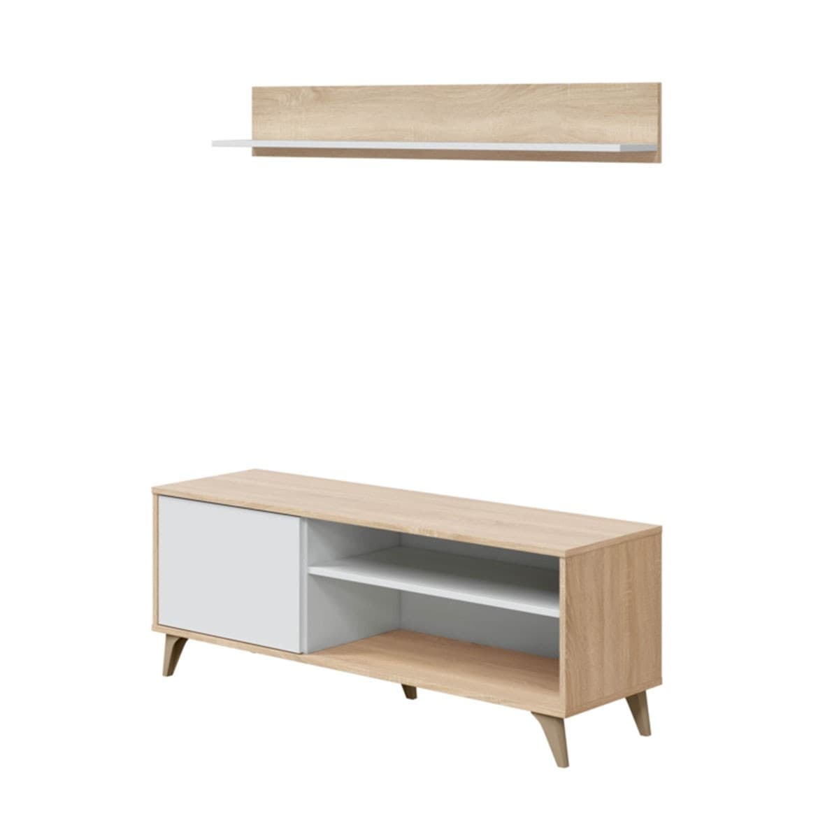Meuble TV 2 niches et 1 porte avec son étagère murale Kikua Plus - L135 cm - Panneaux de particules - Calicosy
