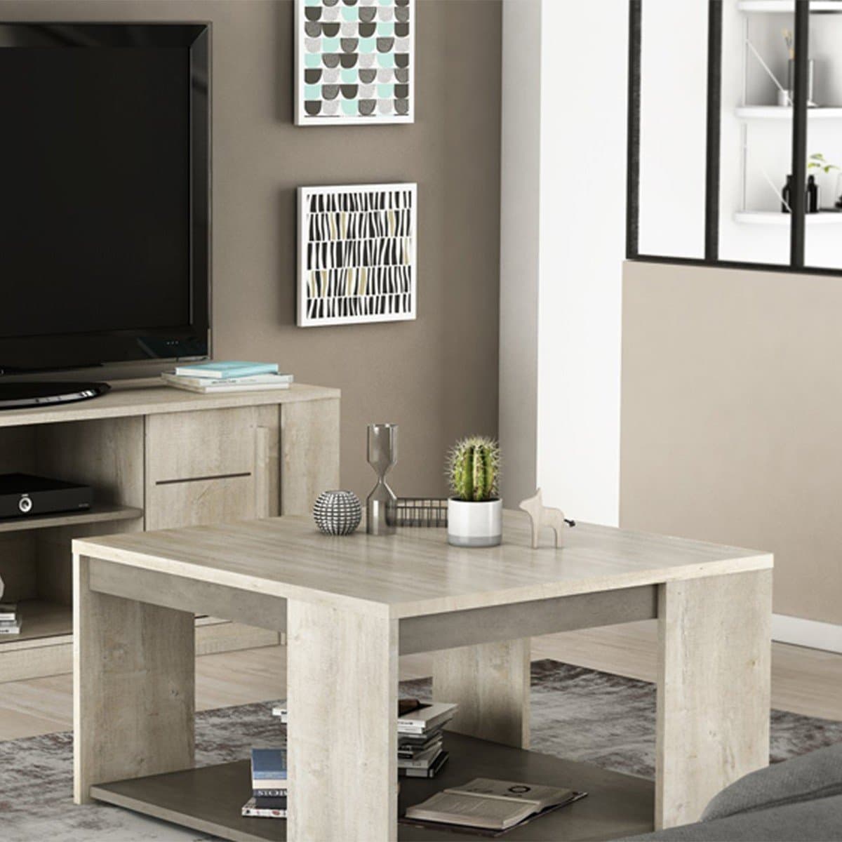 Table Basse CarrĂ©e L80 cm - DĂ©cor chĂȘne et bĂ©ton - Antibes - Calicosy